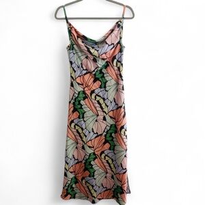 AUDREY 3+11 PINK BUTTERFLY PRINT SPAGHETTI STRAP SLEEVELESS MIDI DRESS SMALL